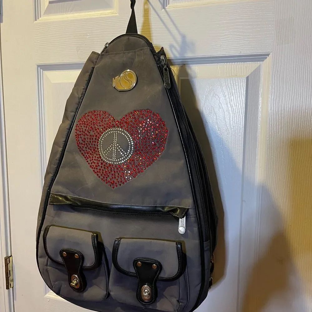WAK SAK Nylon faded Gray Tennis Backpack with Red Heart Design